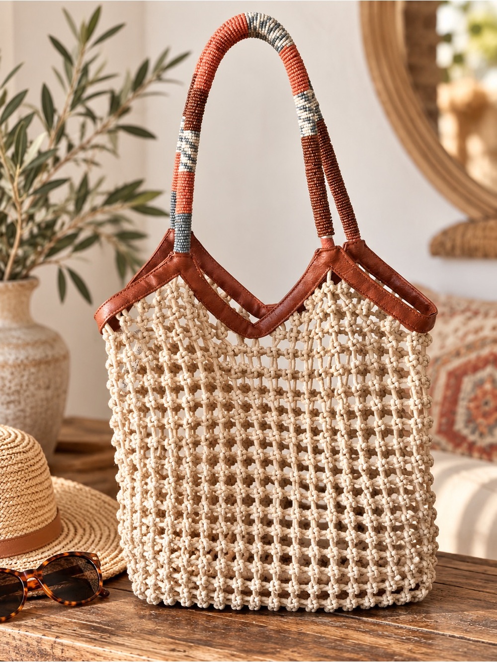 Urban Outfitters Macrame Tote Bag Beaded Handles Boho Woven Purse